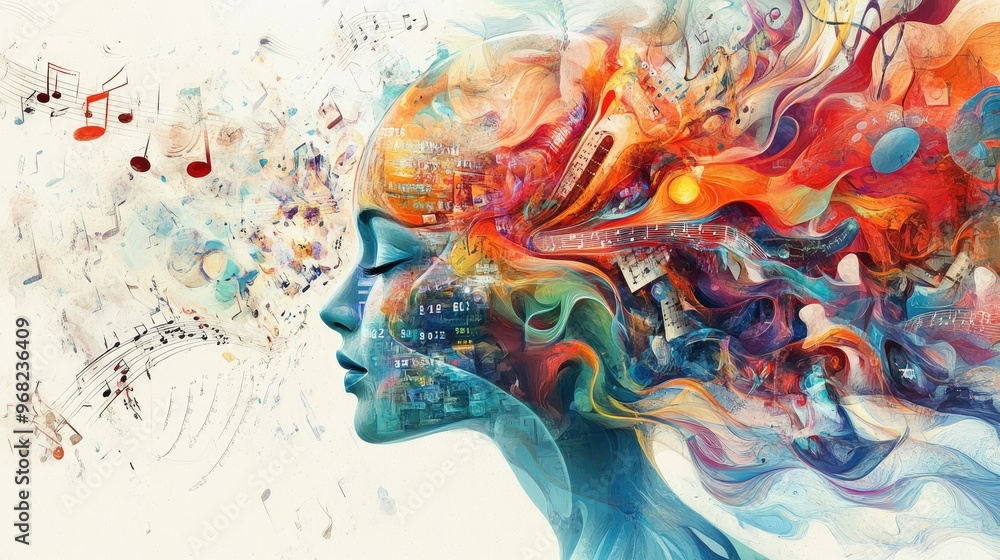 Poster psychedelic split-brain image with left side showing numbers, right side flowing with music and colo