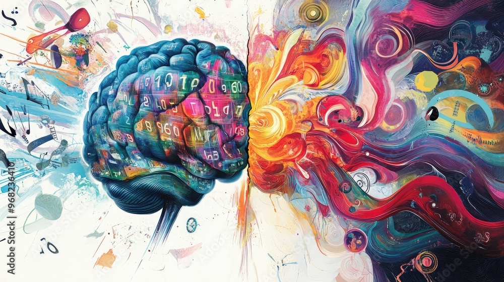 Poster psychedelic split-brain image with left side showing numbers, right side flowing with music and colo