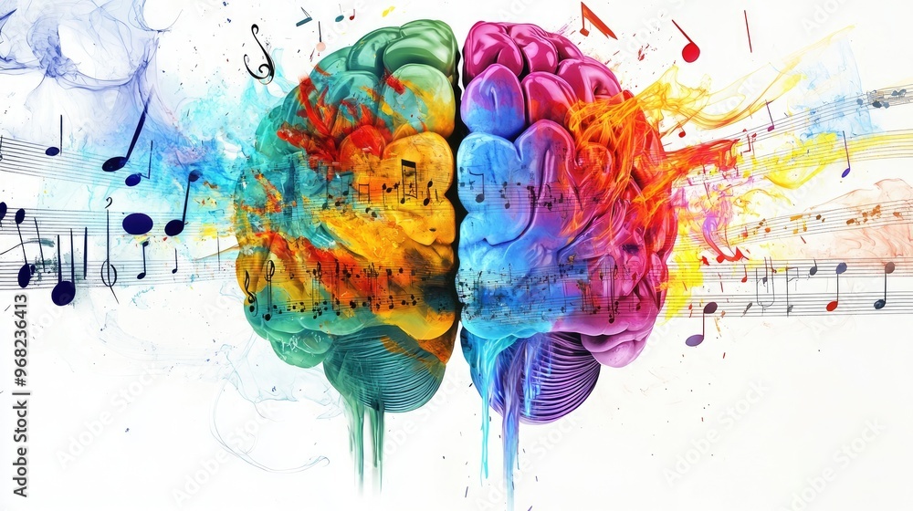 Poster psychedelic split-brain image with left side showing numbers, right side flowing with music and colo