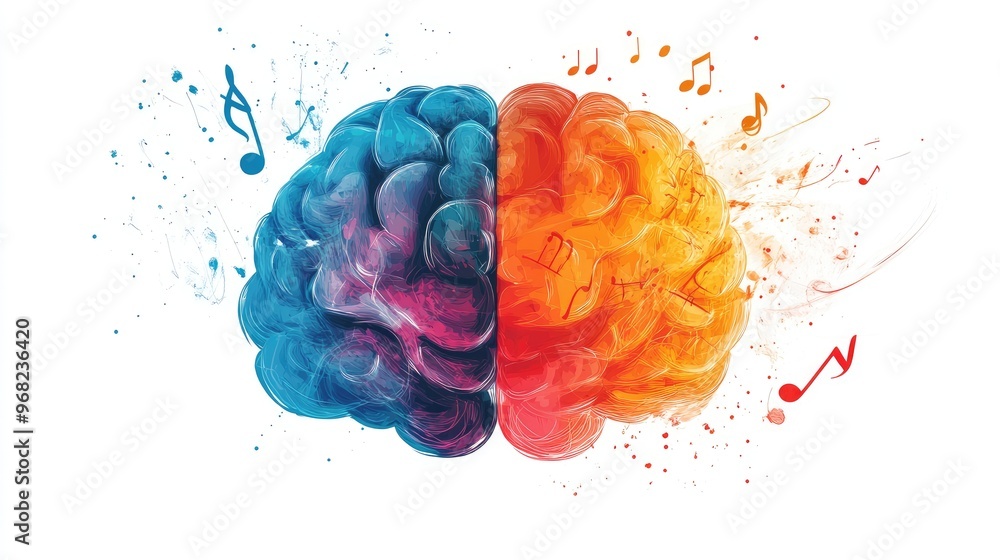 Poster split brain design with left half illustrated in numeric and alphabetic patterns, right half glowing