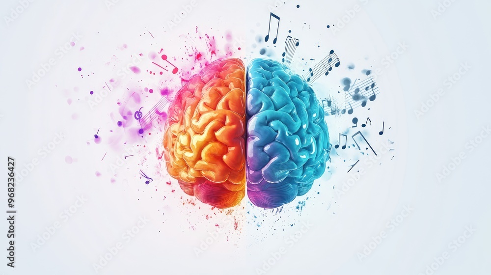 Poster split brain design with left half illustrated in numeric and alphabetic patterns, right half glowing