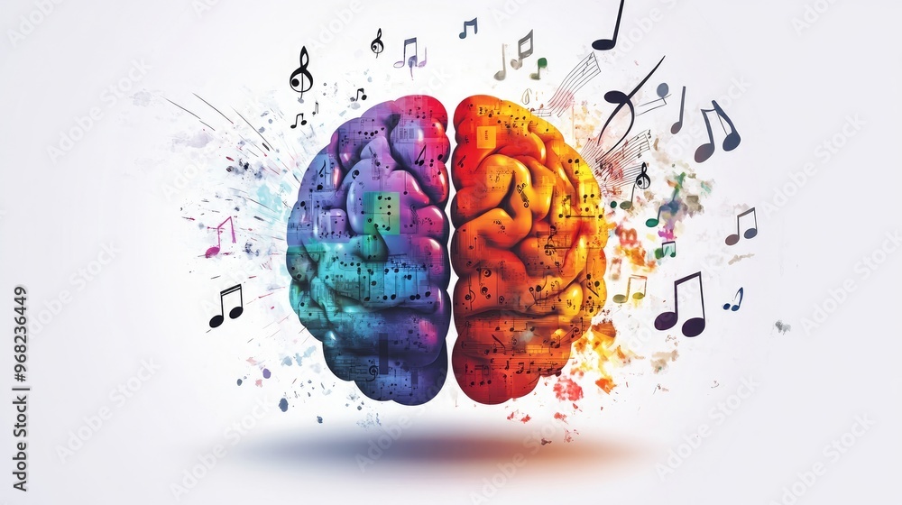 Poster split brain design with left half illustrated in numeric and alphabetic patterns, right half glowing