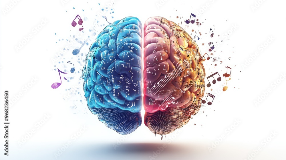 Poster split brain design with left half illustrated in numeric and alphabetic patterns, right half glowing