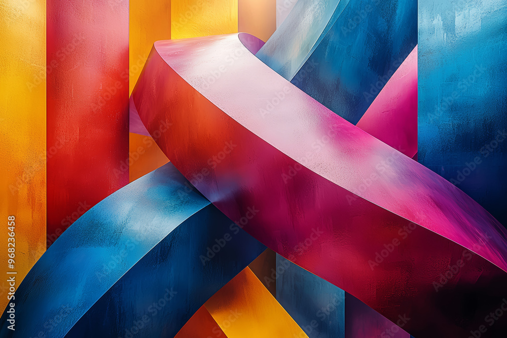 Poster a vibrant abstract sculpture with intersecting planes of different colors creating a striking visual