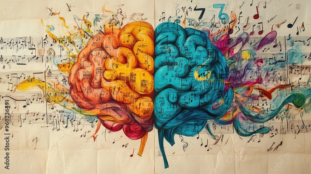 Poster split-half brain art with left side featuring numbers and alphabets, and right side filled with musi