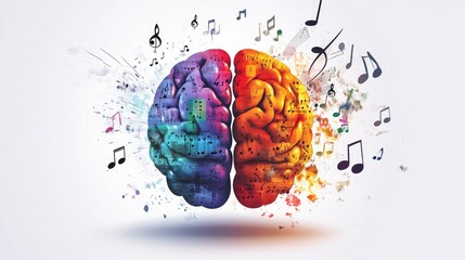 Split brain design with left half illustrated in numeric and alphabetic patterns, right half glowing with music notes and artistic strokes, white background