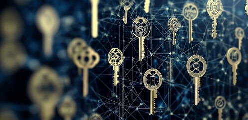 vintage keys on a blue web background with blurred space,  emphasis of internet security, key points to presentation or article, backdrop for business website