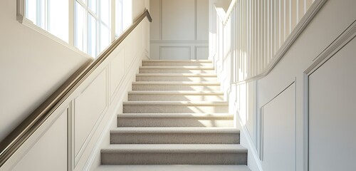 Fototapeta premium Home staircase featuring elegant railings and plush carpeting.