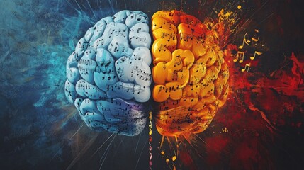 Vibrant split-brain illustration showing the left brain's logical side with numbers and letters, while the right half bursts with music notes and art