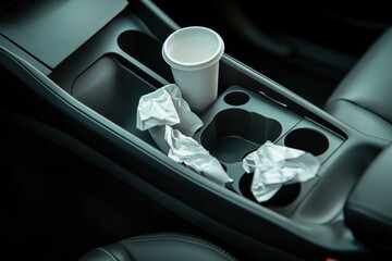 Crumpled Paper and a Cup in a Car's Cupholder