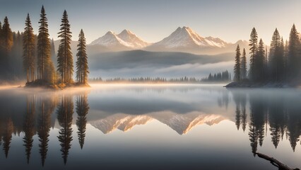 A serene lake with mountains in the background