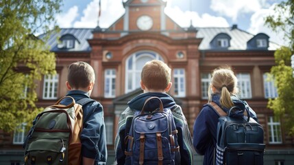 A group of children with backpacks on their backs walks towards the school building.