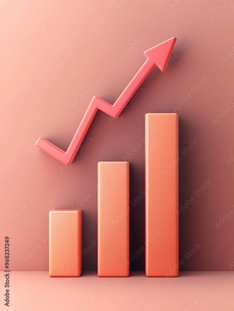 Poster 3d rendering of an upward trending bar chart with an arrow pointing up against a pink background.