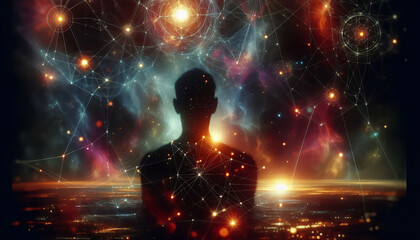 Silhouette of a person against a cosmic background with geometric shapes, symbolizing universal connectedness.