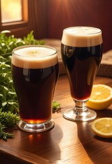 A dark brown beer being poured into two chilled glasses on a rough-hewn wooden table, with vibrant lemon slices placed strategically around, as sunlight filters through a nearby window.