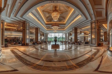 Obraz premium Luxurious grandeur in an Asian hotel lobby captured in a panoramic shot.