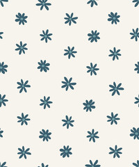 Seamless vector pattern with cute primitive blue flowers on off white, for kids products