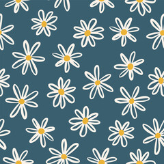 Seamless vector pattern with cute primitive white and yellow daisy flowers on navy blue