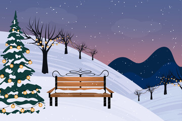 Fototapeta premium Winter city park with wooden bench. Urban empty public garden landscape garlands and Streetlights lamppost and Christmas tree