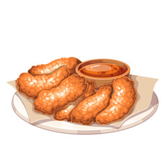 Fried cartoon chicken pieces on plate with chili sauce. Golden crunchy nuggets group served with ketchup in bowl. Takeaway fast food menu mascot, cartoon gourmet chicken slices vector illustration