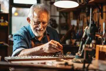 Senior jeweler crafting exquisite jewelry in a well-equipped workshop during daylight hours