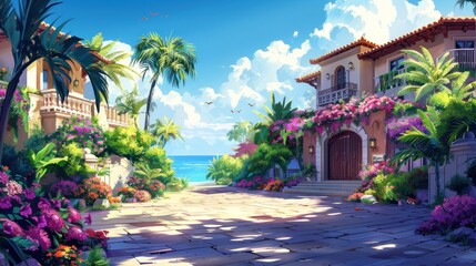 Fototapeta premium A cozy home in a tropical setting with palm trees and colorful flowers, under a bright sky with clouds, and the ocean in the distance.