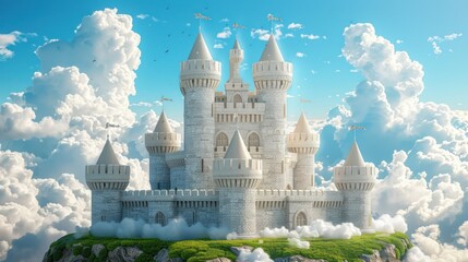 Obraz premium A fantastic castle with turrets and flags, set against a clear blue sky with fluffy white clouds.