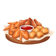 Serving of fried cartoon chicken legs, breast and wings. Portion of cooked meat on round wooden board with bowl of ketchup or chili sauce. Fast food mascot, cartoon chicken snack vector illustration