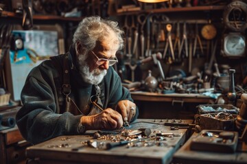 Senior jeweler creating intricate jewelry pieces in his workshop, surrounded by tools and materials in a vintage atmosphere