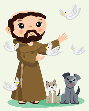 Illustration of Saint Francis of Assisi, religious saint, Italian saint, stigmata, saint with animals, dog, cat, doves, Franciscan, art