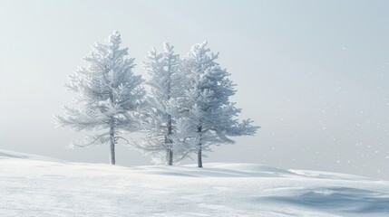 Snow covered spruce trees in a snowy field with fluffy drifts and falling snowflakes winter landscape banner