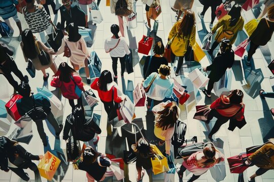 The clash of consumerism and minimalism amid a bustling shopping crowd in a busy urban center