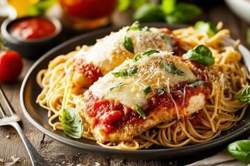 Fototapeta premium Chicken Parmesan with Spaghetti, Marinara Sauce, and Parmesan Cheese