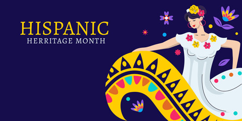 Hispanic heritage month vector background. with dancing woman illustration. Vector good for web banner, poster, card for social media, networks.