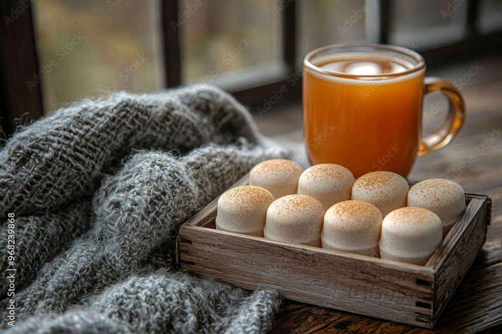 Canvas Prints A box of herbal lozenges next to a cozy scarf, ready to soothe a scratchy throat. Concept of seasonal relief during colder months.