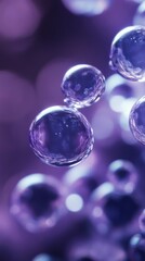Close-up of translucent purple bubbles with bokeh effect. Abstract background and texture concept