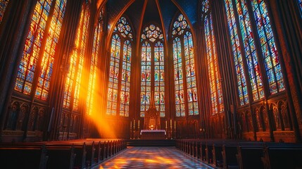 Obraz premium Church interior with stained glass windows