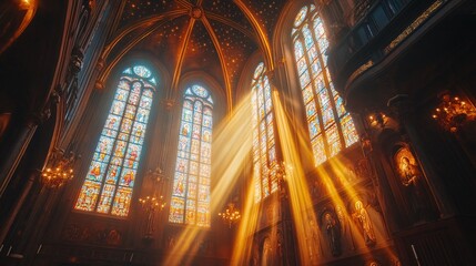 Obraz premium Stained glass church with sun rays