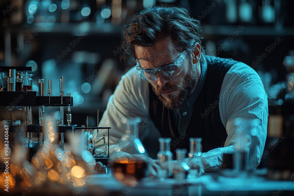 Poster an enlightenment-era scientist using advanced lab equipment to conduct experiments, surrounded by hi
