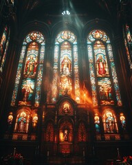 Obraz premium Stained glass church with sun rays