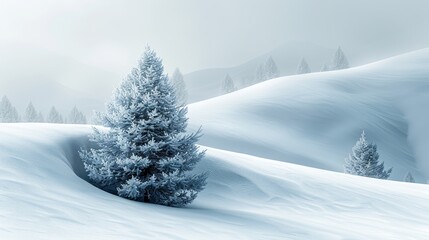 Fototapeta premium Snow covered fluffy spruce trees in a winter field amidst a blizzard of white snowdrifts landscape banner