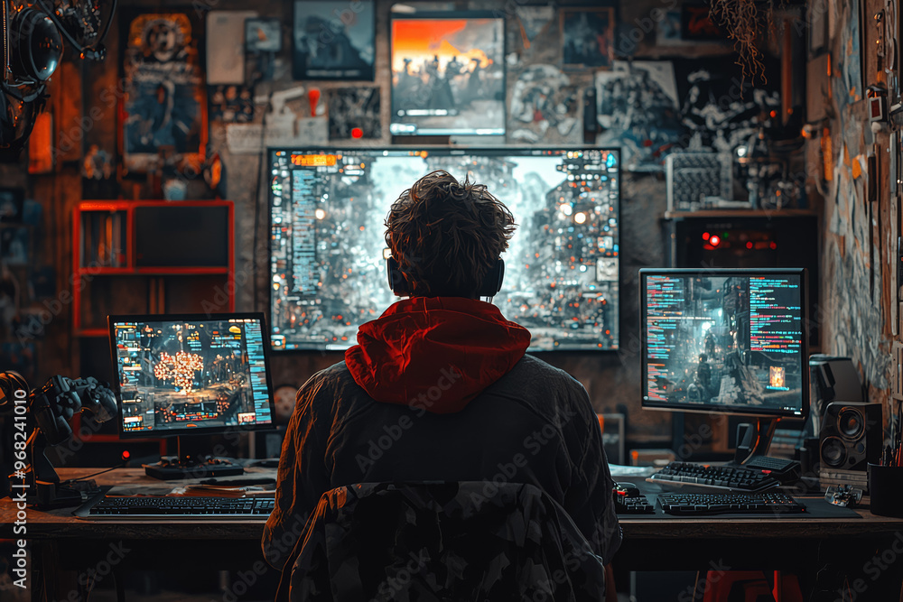 Poster a young person designing their own video game in a tech-savvy workspace, surrounded by coding books 