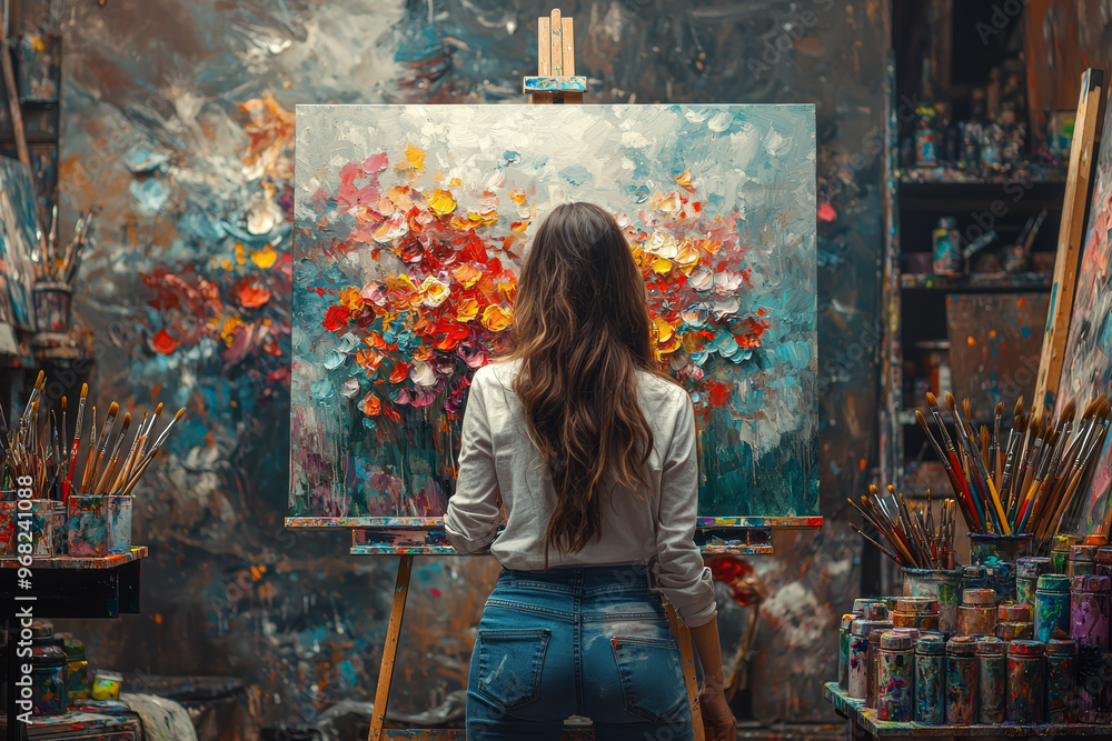 Poster a young person attending a vibrant art class, working on a large canvas with a range of bright paint