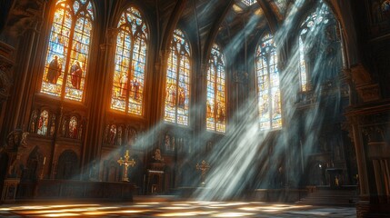 Fototapeta premium religious background with light rays in church