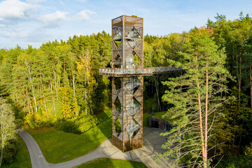 Aerial view of Laju takas, tree-canopy trail complex with a walkway, an information center and observation tower, Anyksciai, Lithuania