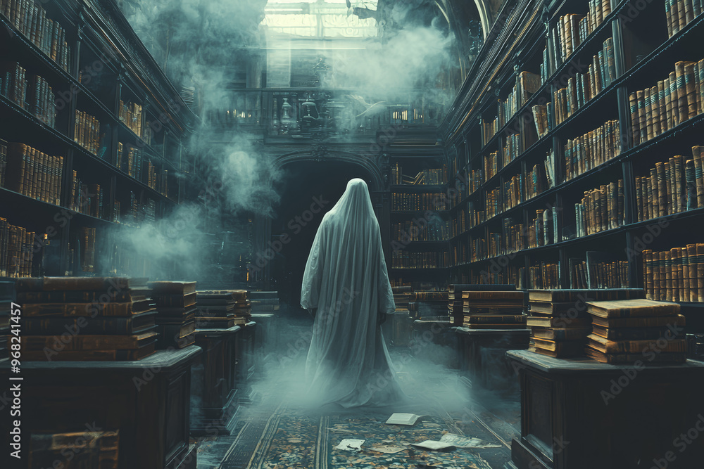 Poster a spectral figure in a classic old library, with floating books and whispering voices creating an ee