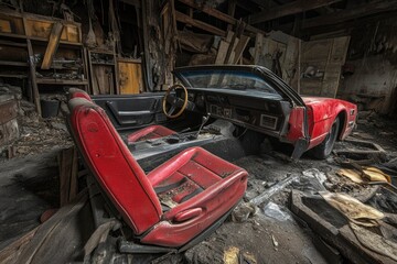 Fototapeta premium Abandoned Red Car Interior with Dusty Seats in a Rundown Garage