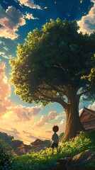 Anime Boy Standing Underneath a Large Tree with Houses in the Background