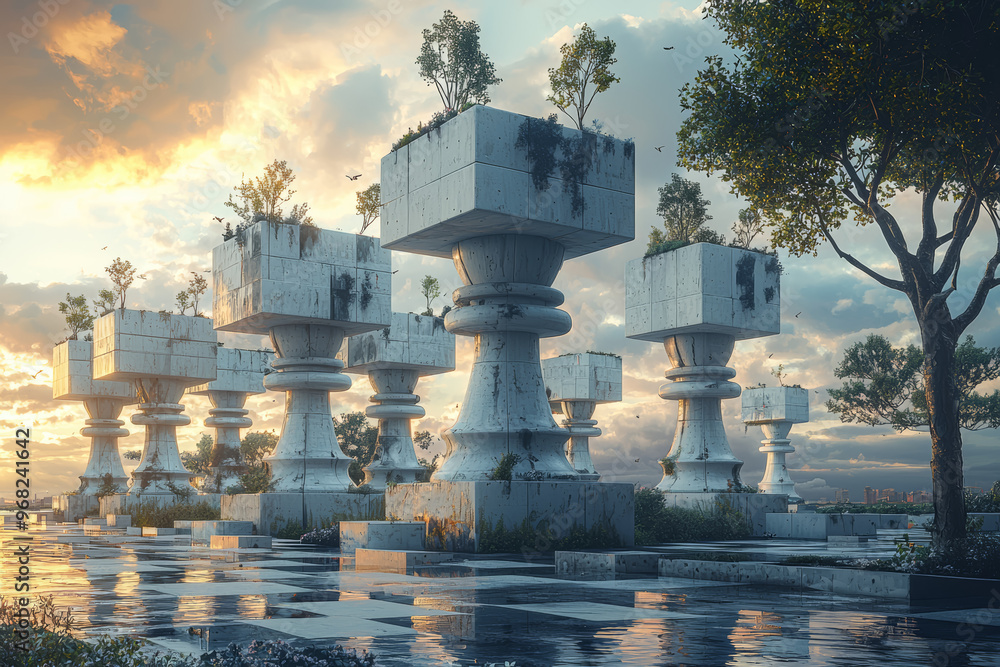Aufkleber a series of enormous, floating chess pieces creating a dynamic game over a modern city skyline, blen