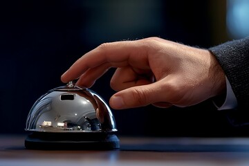 Close-up capture of a service bell being pressed in a hotel.
